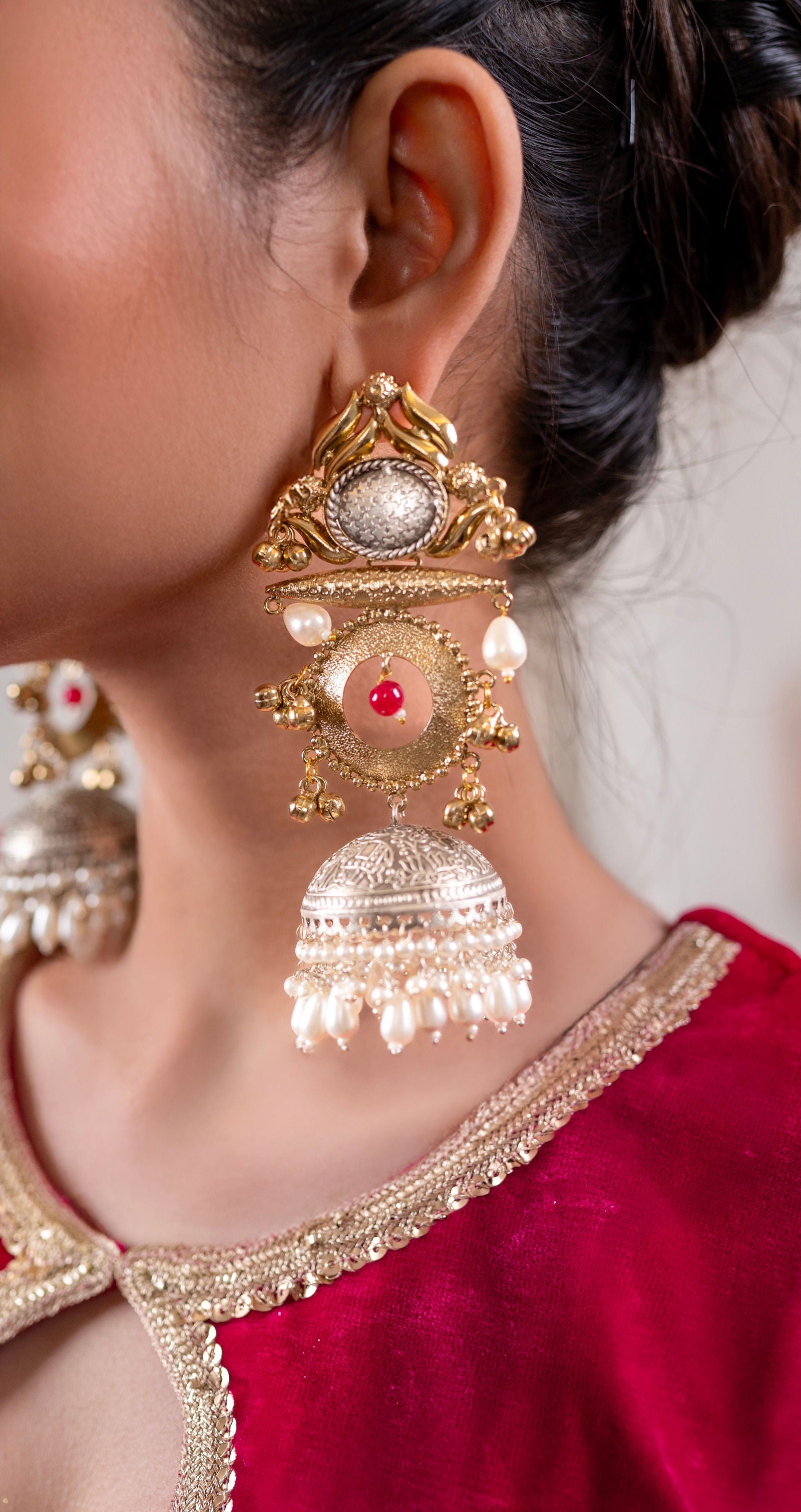 Antique Long Jhumkas with Mixed Metals and Teardrop Pearls - Mayrake -