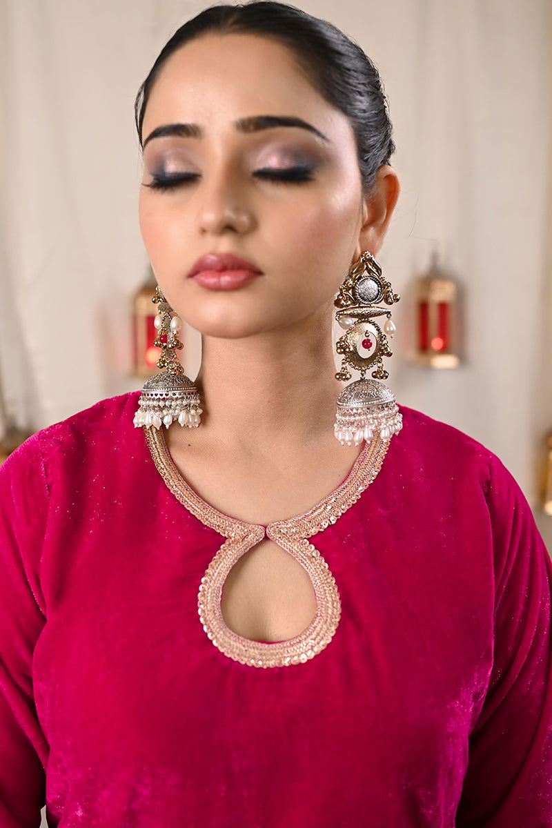Antique Long Jhumkas with Mixed Metals and Teardrop Pearls - Mayrake -