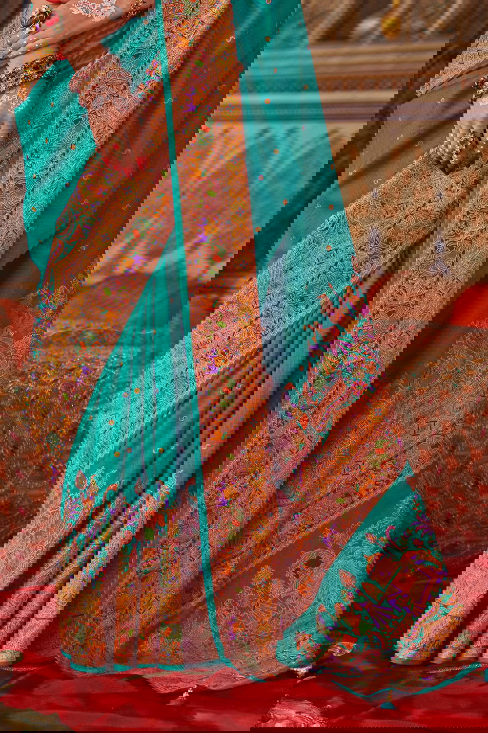 Aqua Blue Green Raw Silk Saree with Heritage Prints - Mayrake.in