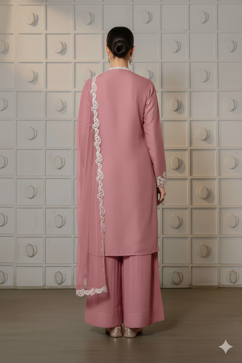 Baby Pink Farsi Salwar Suit with White Thread Lace Work - Mayrake.in