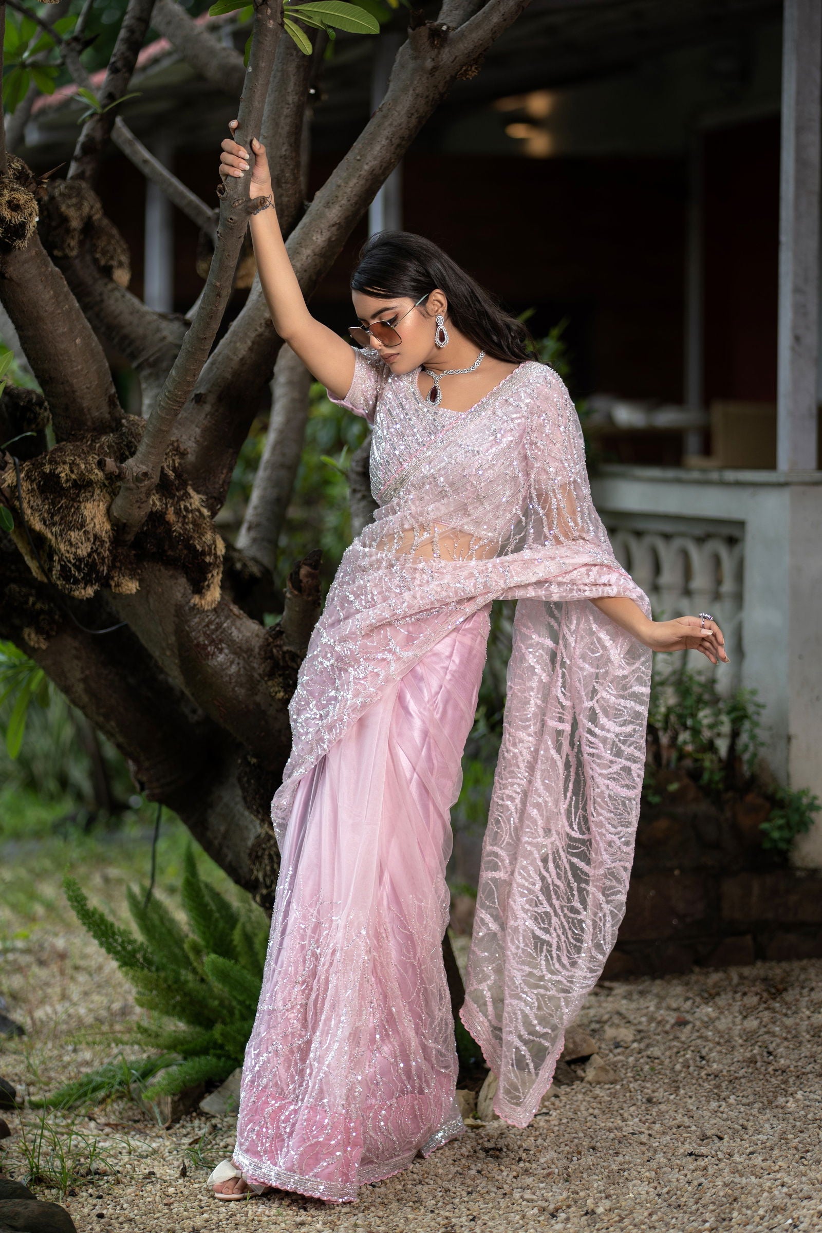 Baby Pink Super Net Saree with Silver and Cutdana Work - Mayrake