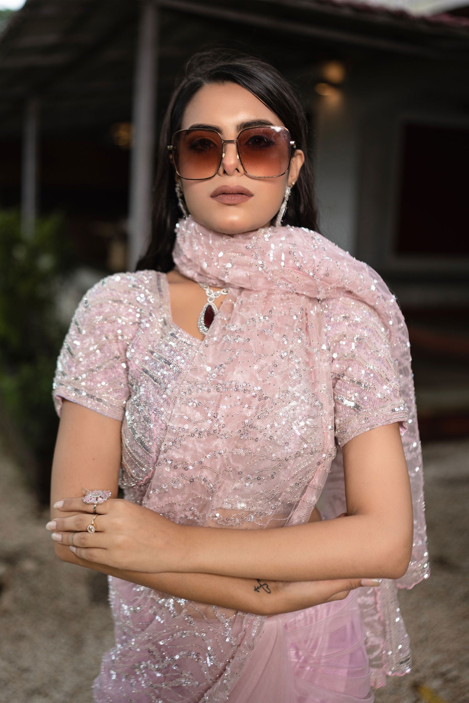 Baby Pink Super Net Saree with Silver and Cutdana Work - Mayrake