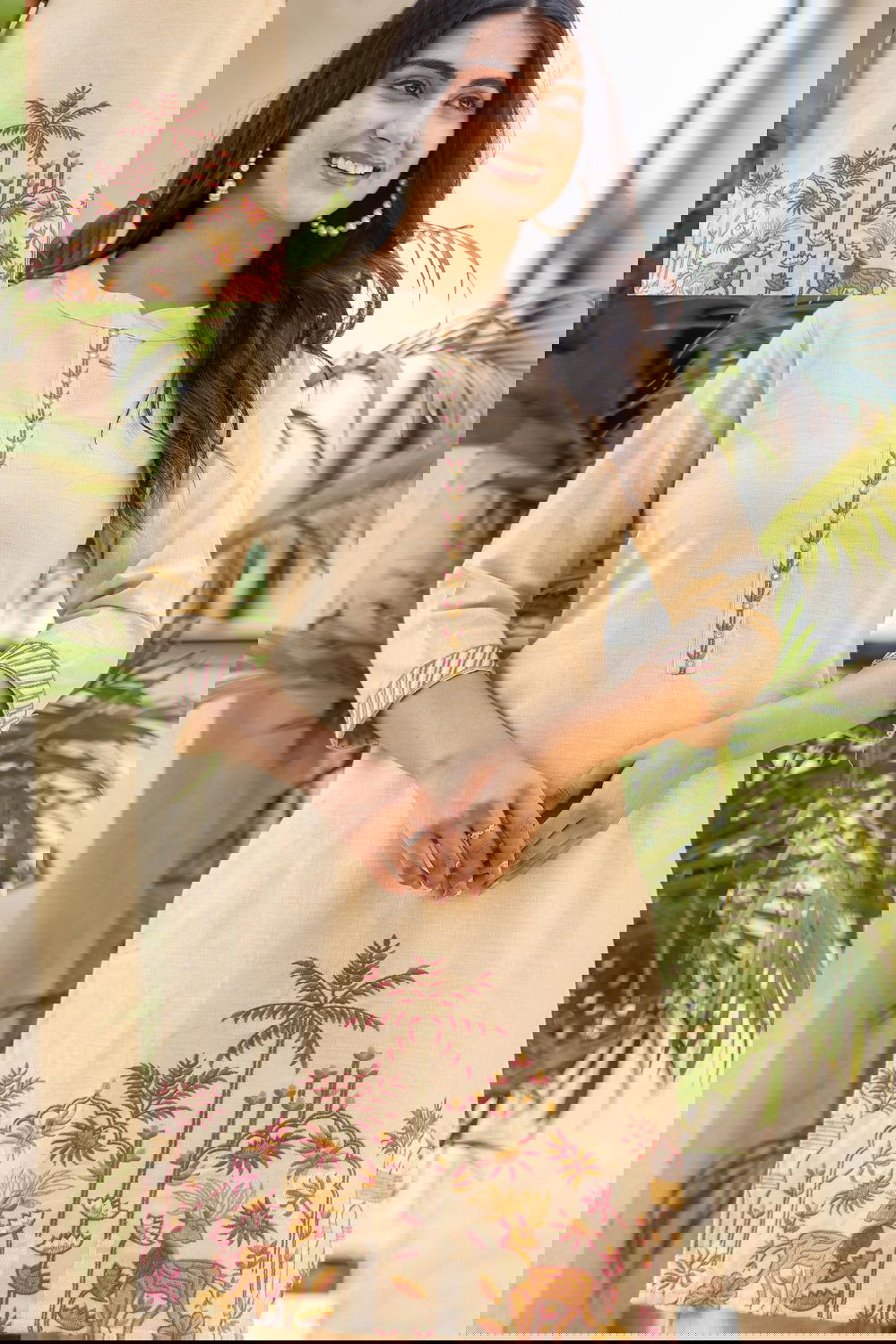 Beige Cotton Cord Set with Colorful Traditional Motif Embroidery - Mayrake.in