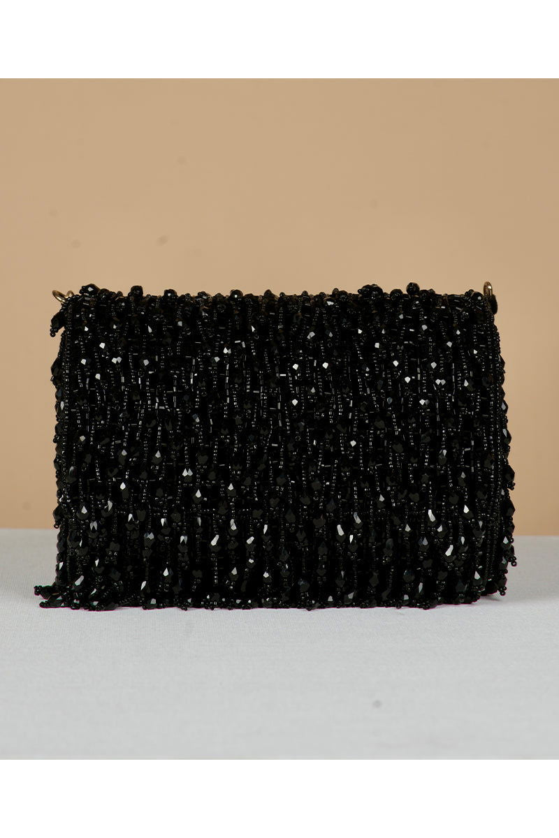 Black Clutch with Tassels and Beads - Mayrake.in