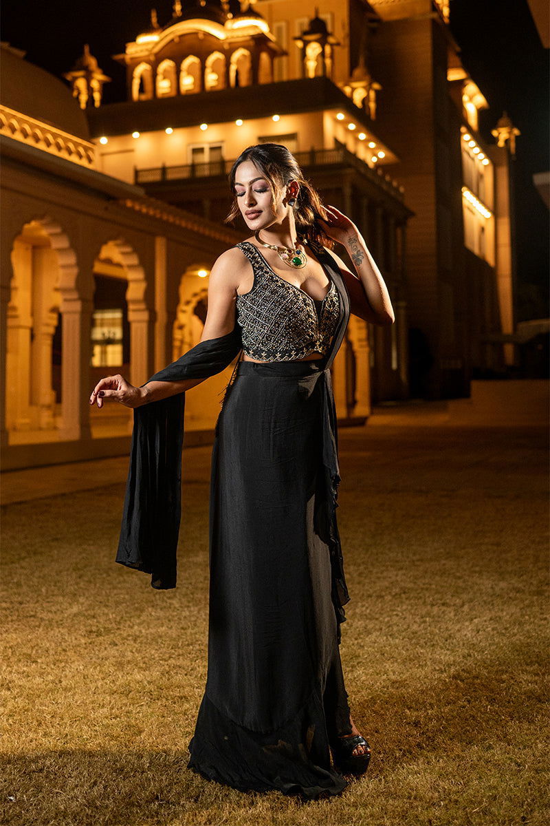 Black Crepe Chiffon Ready-to-Wear Saree with Embroidered Blouse - Mayrake.in