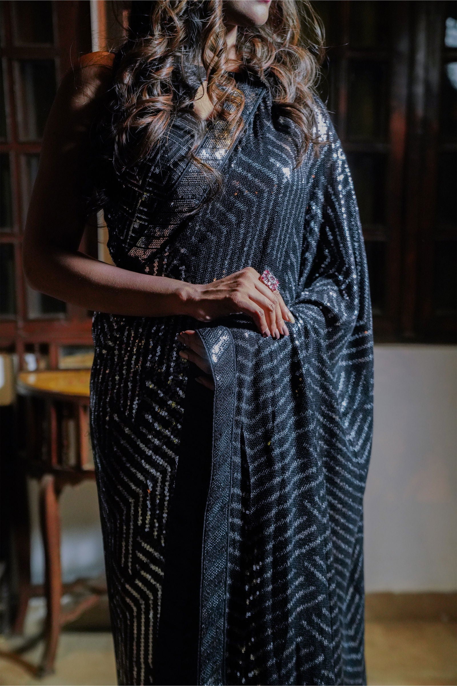 Black Georgette Sequin Saree with Silver Pattern with Stitched Blouse - Mayrake