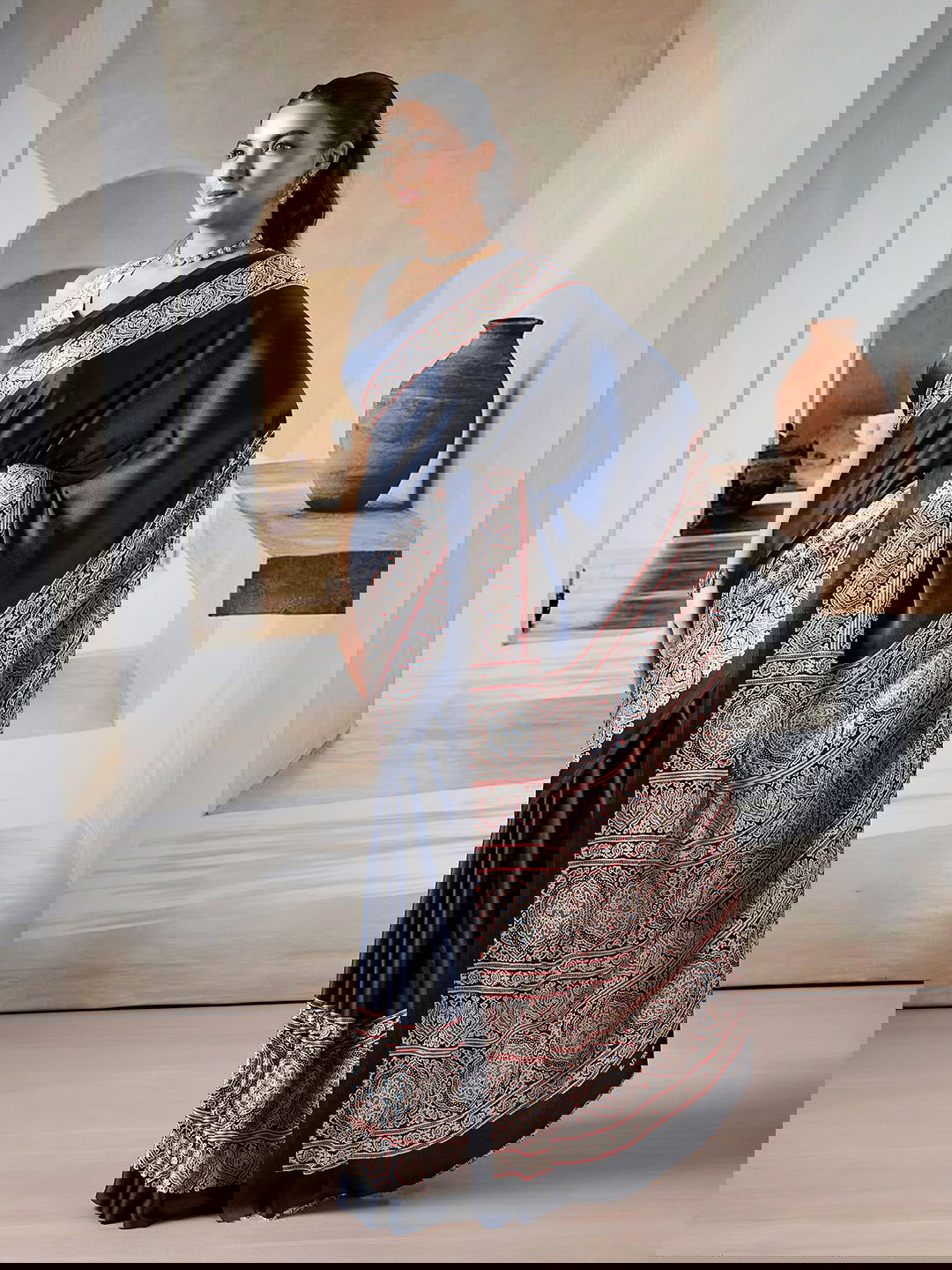 Black Pure Satin Modal Silk Saree with Ajrakh Print - Mayrake.in