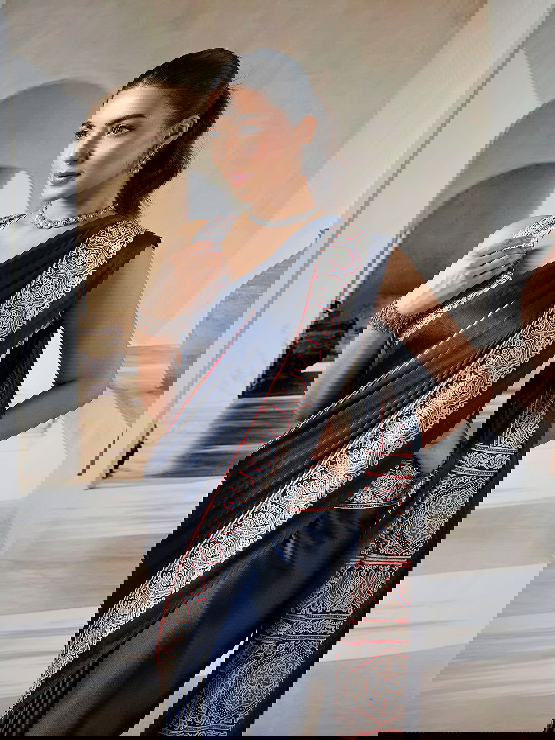 Black Pure Satin Modal Silk Saree with Ajrakh Print - Mayrake.in