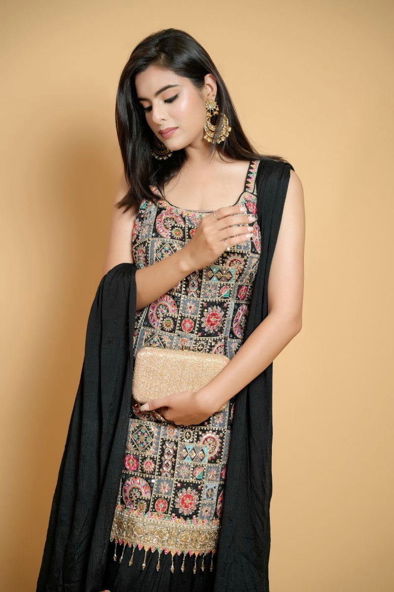 Black Suit with Mirror and Jarkan Work, Zari Detailing, and Semi-Patiala Chiffon Dupatta - Mayrake -