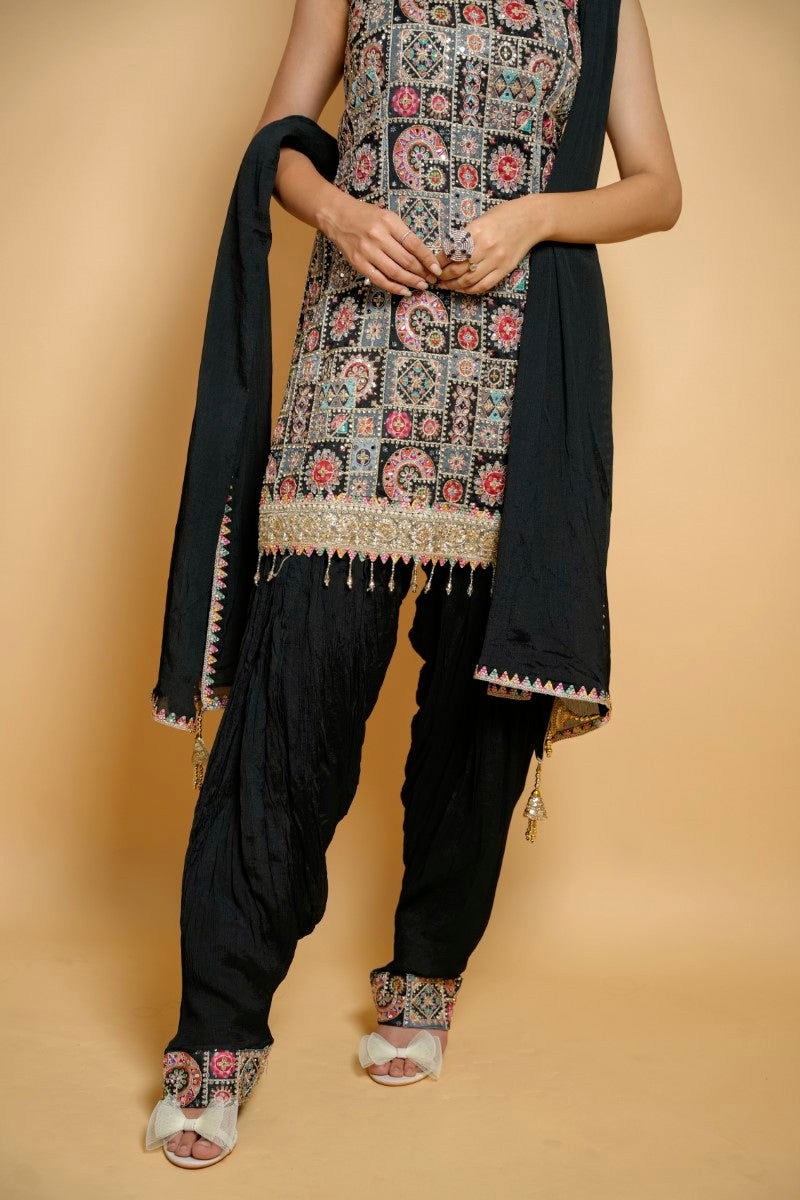 Black Suit with Mirror and Jarkan Work, Zari Detailing, and Semi-Patiala Chiffon Dupatta - Mayrake -