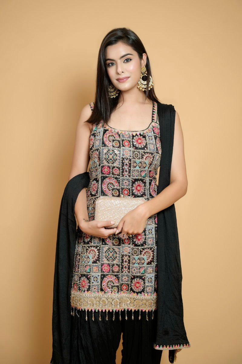 Black Suit with Mirror and Jarkan Work, Zari Detailing, and Semi-Patiala Chiffon Dupatta - Mayrake -
