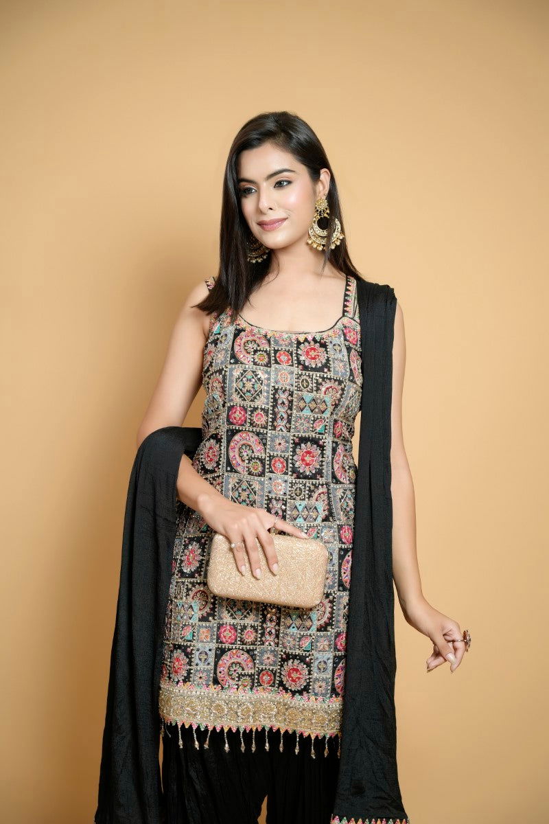 Black Suit with Mirror and Jarkan Work, Zari Detailing, and Semi-Patiala Chiffon Dupatta - Mayrake -
