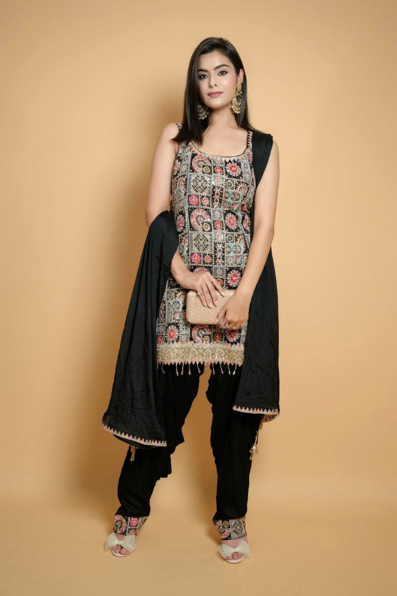Black Suit with Mirror and Jarkan Work, Zari Detailing, and Semi-Patiala Chiffon Dupatta - Mayrake -