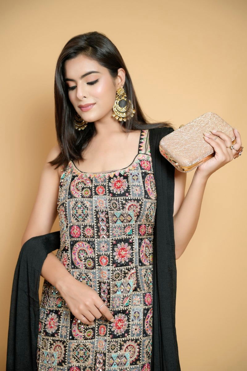 Black Suit with Mirror and Jarkan Work, Zari Detailing, and Semi-Patiala Chiffon Dupatta - Mayrake -