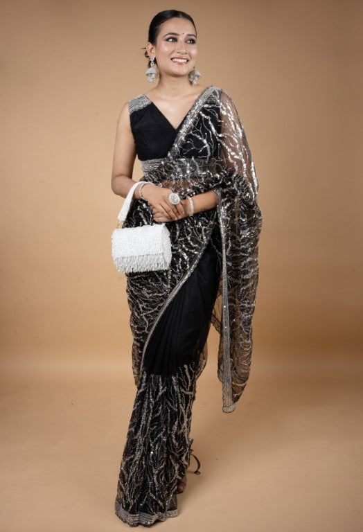 Black Super Net Saree with Sequined Swarovski Work - Mayrake.in