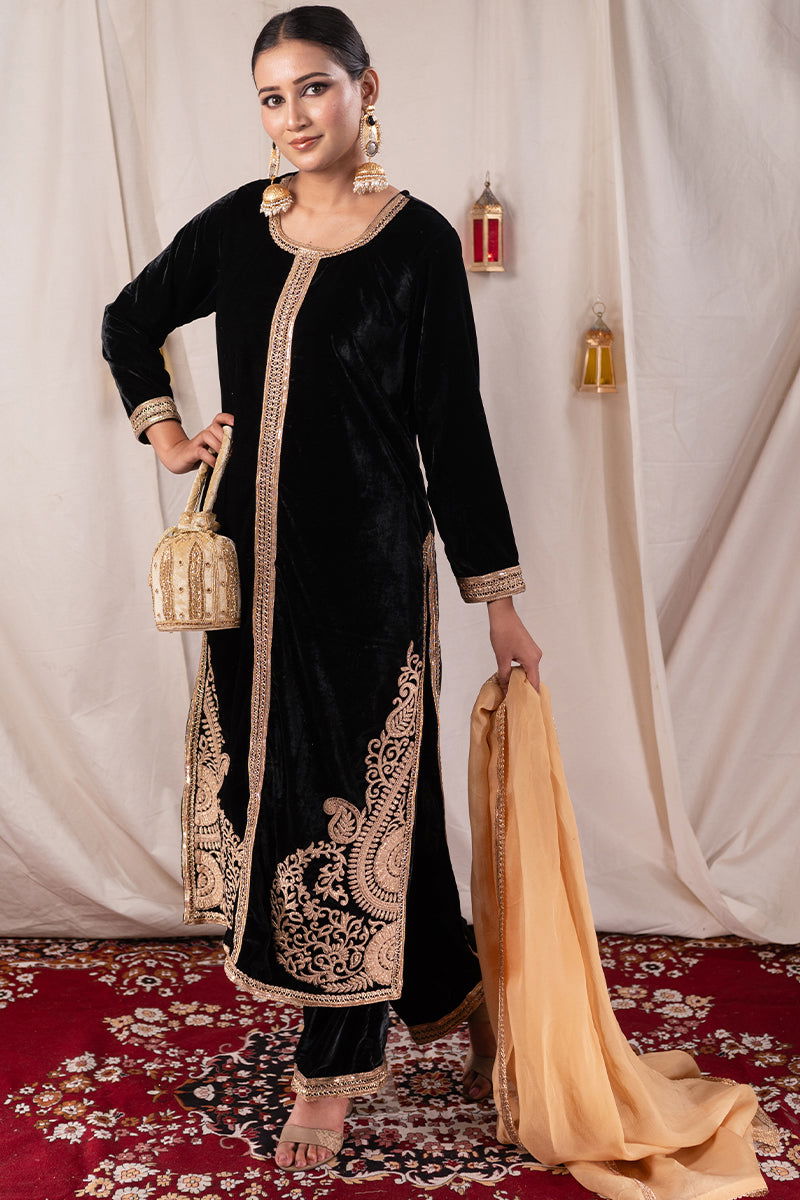 Black Velvet Long Embroidered Kurta Suit with Matching Wide Leg Pants and Dupatta - Mayrake -