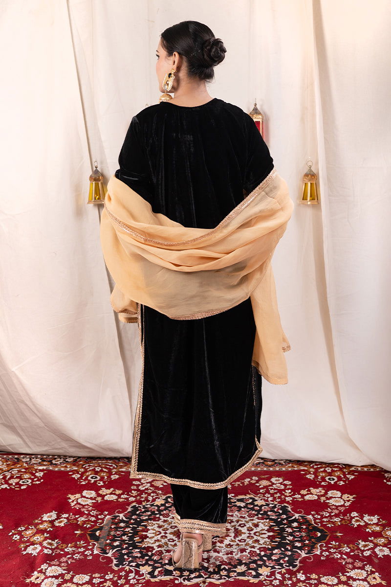 Black Velvet Long Embroidered Kurta Suit with Matching Wide Leg Pants and Dupatta - Mayrake -