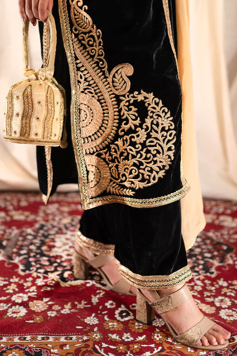 Black Velvet Long Embroidered Kurta Suit with Matching Wide Leg Pants and Dupatta - Mayrake -