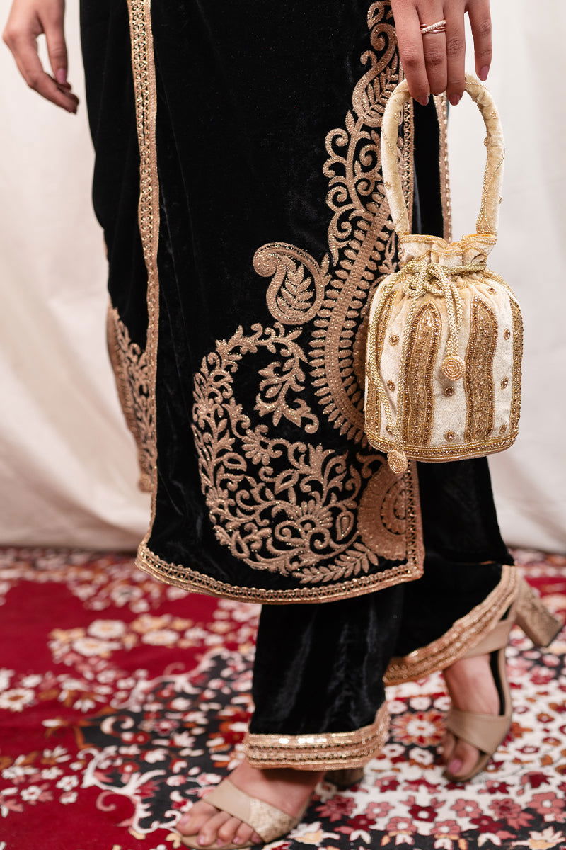 Black Velvet Long Embroidered Suit - Mayrake.in