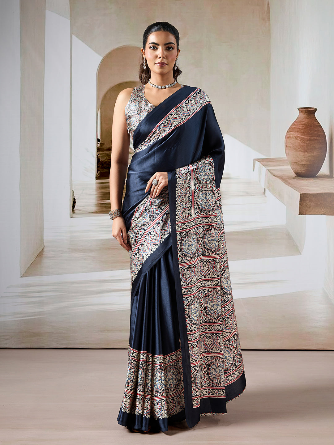Dark Navy Blue Pure Satin Modal Silk Saree with Ajrakh Print Work