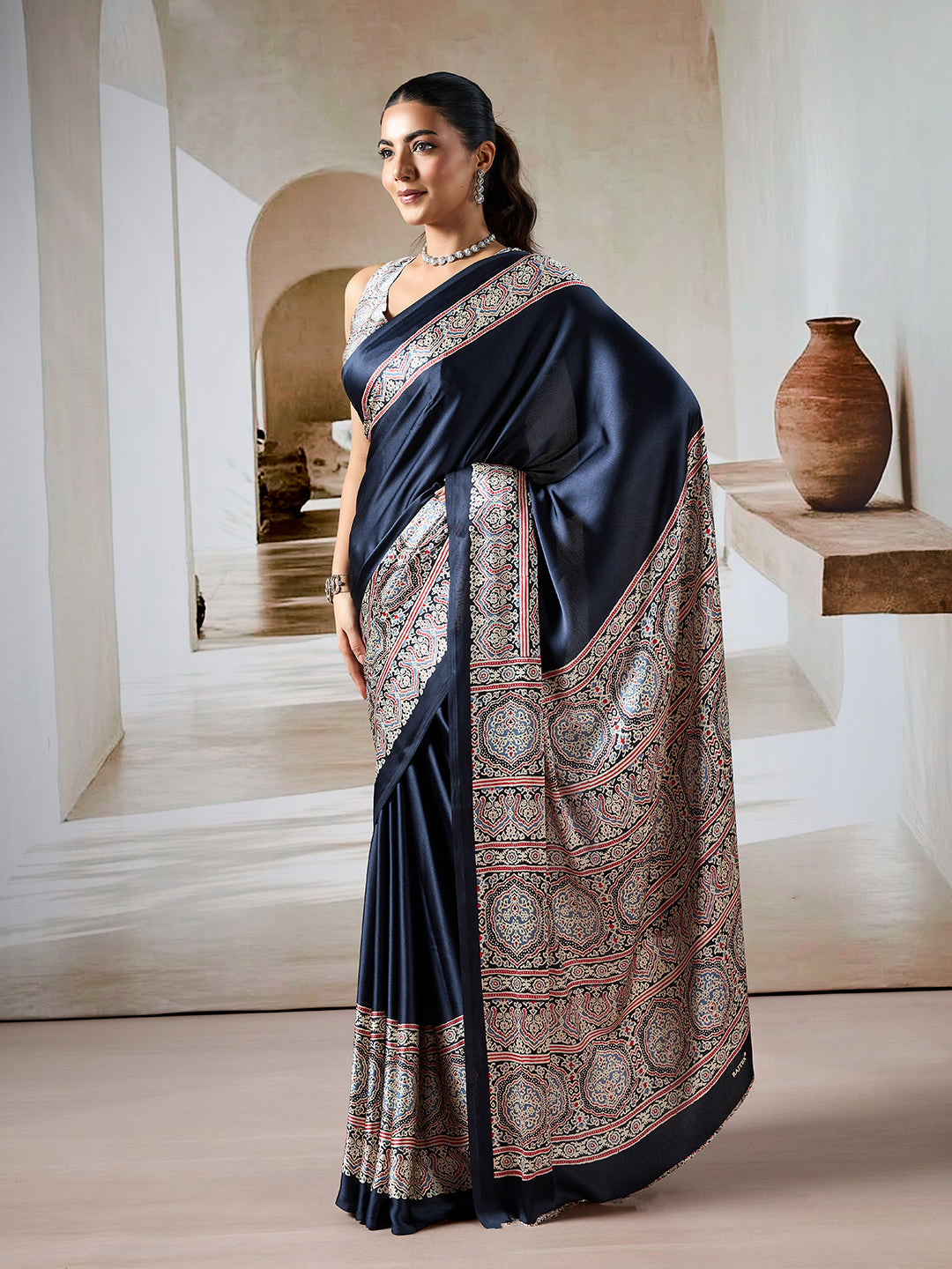Black Pure Satin Modal Silk Saree with Ajrakh Print