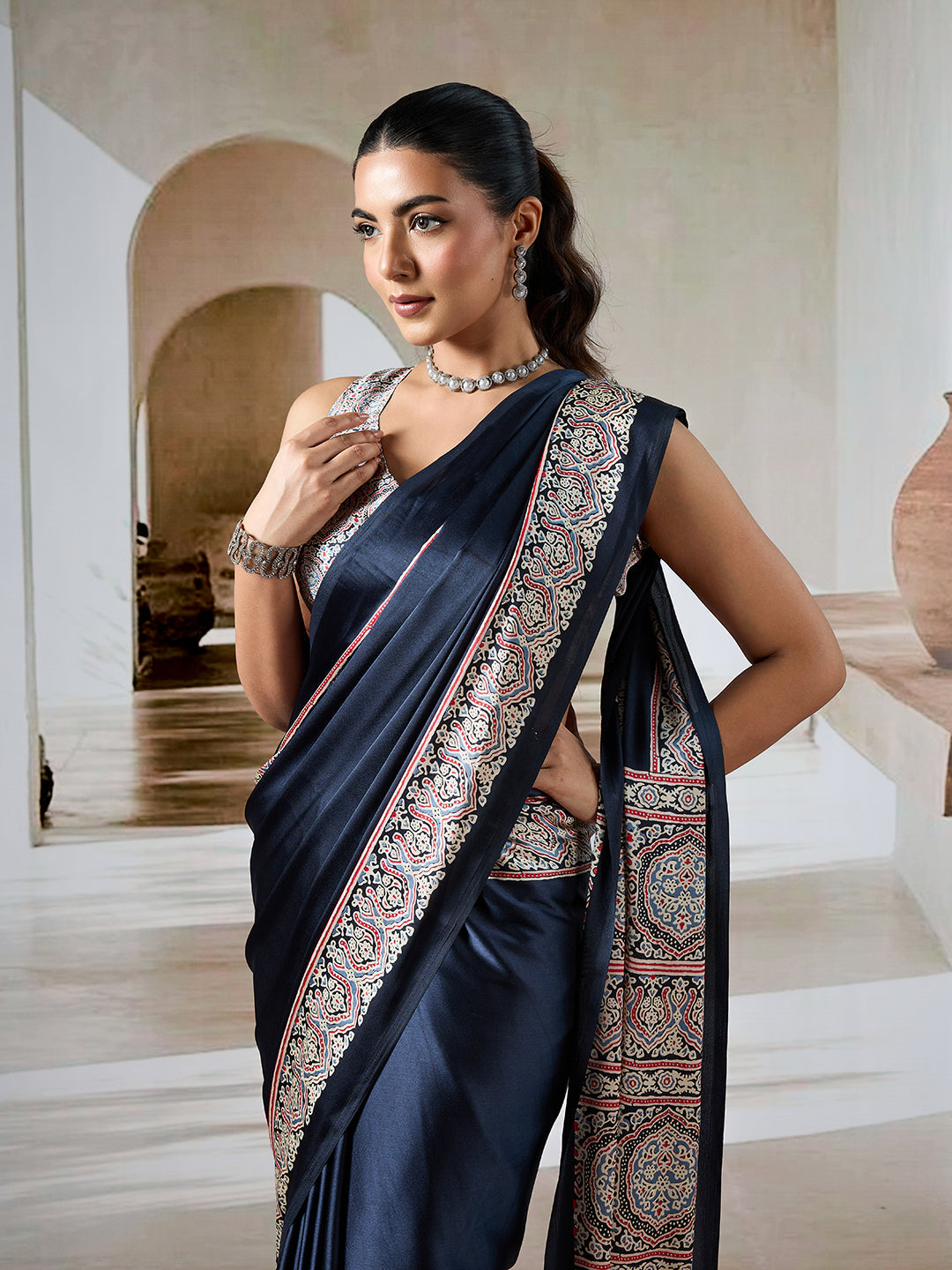Black Pure Satin Modal Silk Saree with Ajrakh Print