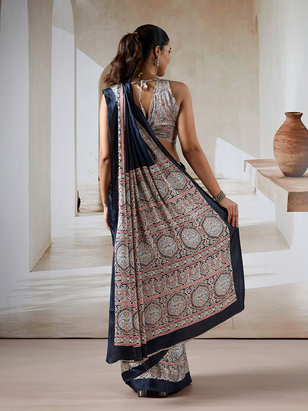 Black Pure Satin Modal Silk Saree with Ajrakh Print