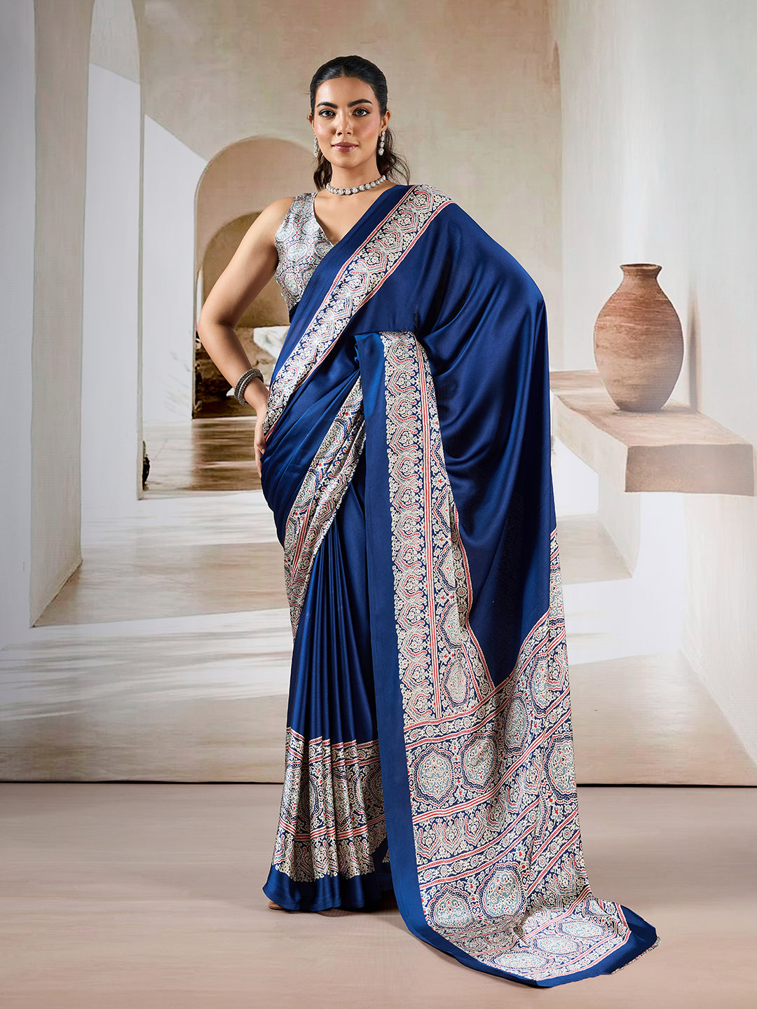 Dark Navy Blue Pure Satin Modal Silk Saree with Ajrakh Print Work