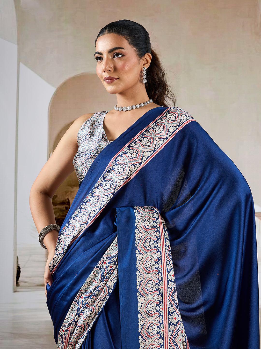 Dark Navy Blue Pure Satin Modal Silk Saree with Ajrakh Print Work