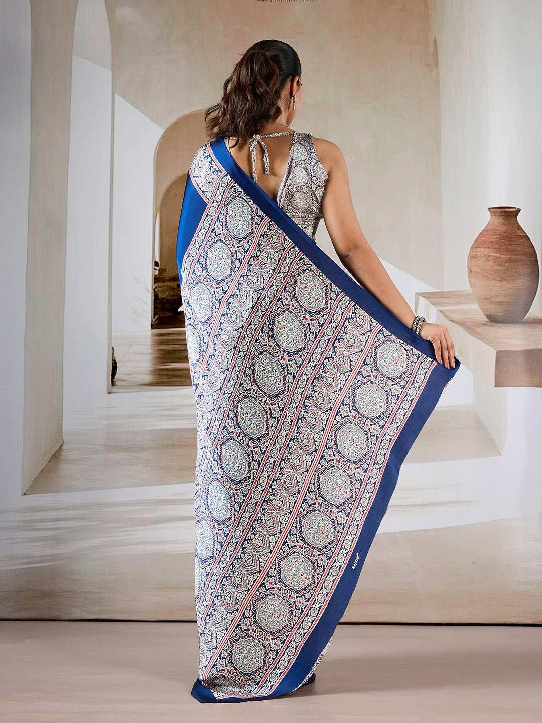 Dark Navy Blue Pure Satin Modal Silk Saree with Ajrakh Print Work