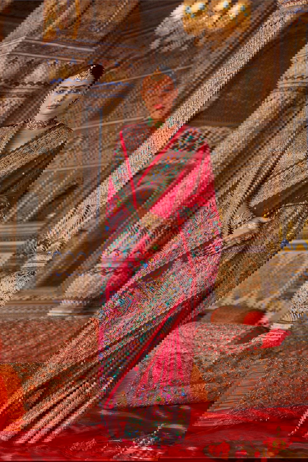 Cherry Red Raw Silk Saree with Heritage Prints - Mayrake.in