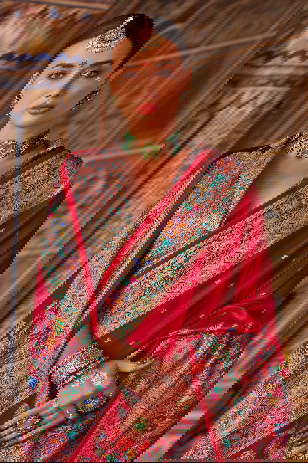 Cherry Red Raw Silk Saree with Heritage Prints - Mayrake.in