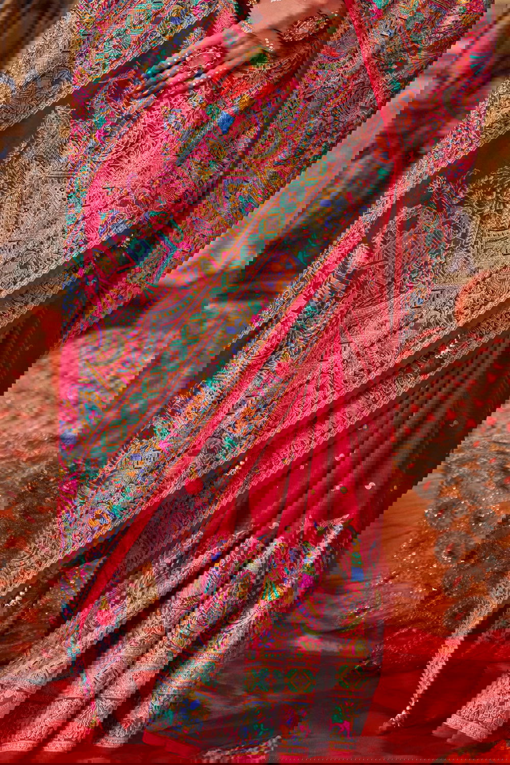 Cherry Red Raw Silk Saree with Heritage Prints - Mayrake.in