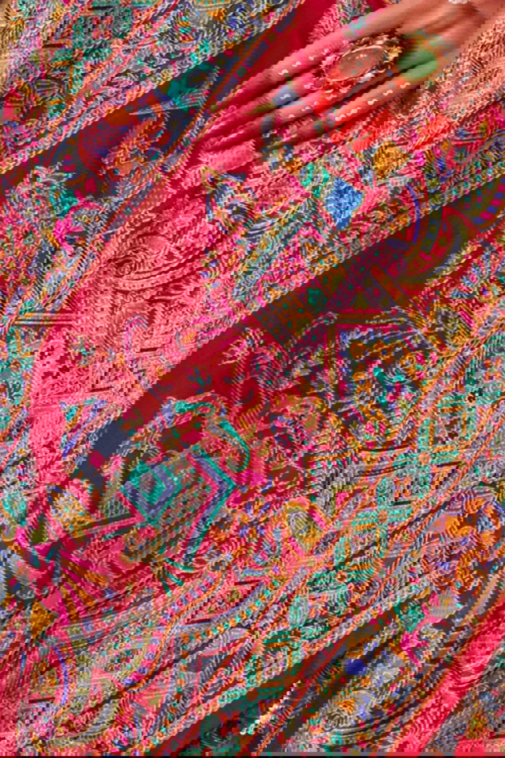 Cherry Red Raw Silk Saree with Heritage Prints - Mayrake.in