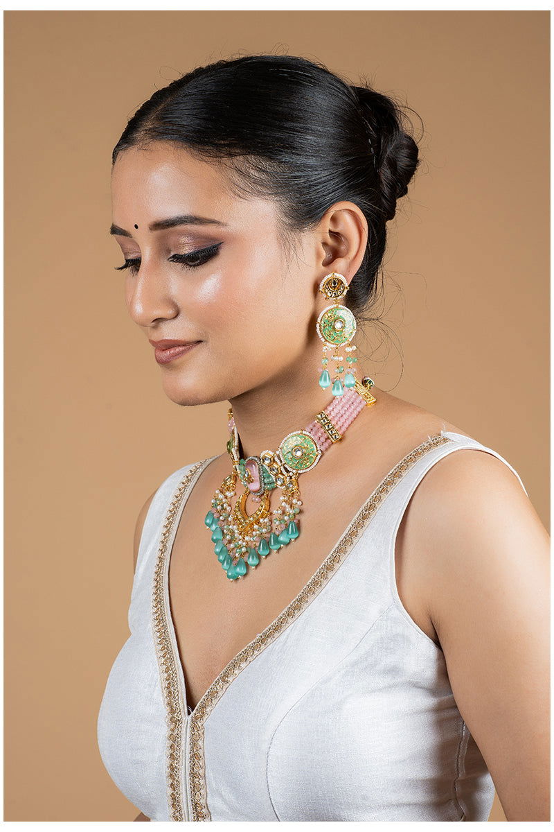 Choker Set With Multicolor Stone In Mix Metal - Mayrake