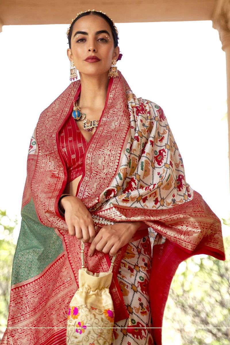 Cream-Red Viscose Silk Saree with Printed Patola Design - Mayrake.in