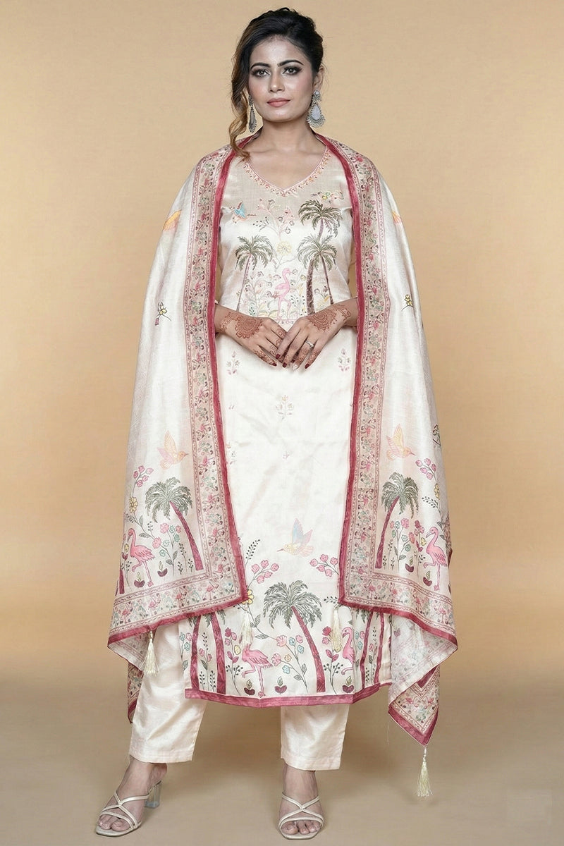 Cream Crepe Silk Straight Kurta-Set with Straight Pant and Dupatta With Pichwai Art Work