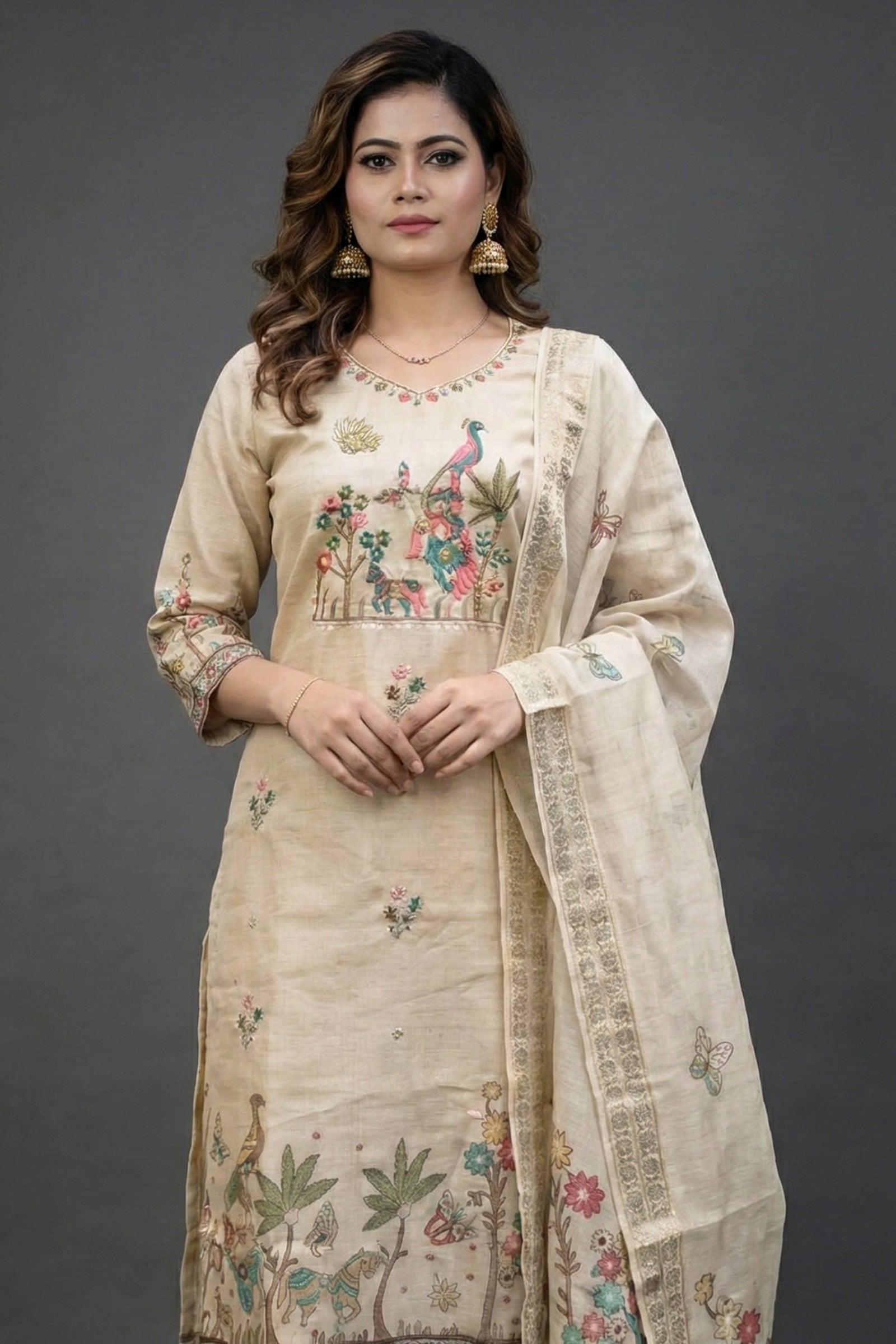 Cream Crepe Silk Straight Kurta-Set with Straight Pant and Dupatta With Pichwai Art Work