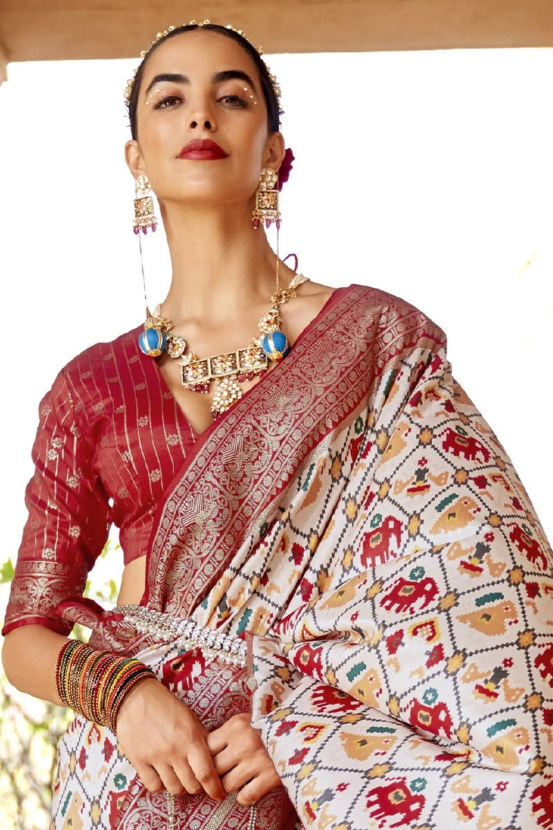 Cream Red Viscose Silk with Patola Design and Apoxy Finish - Mayrake