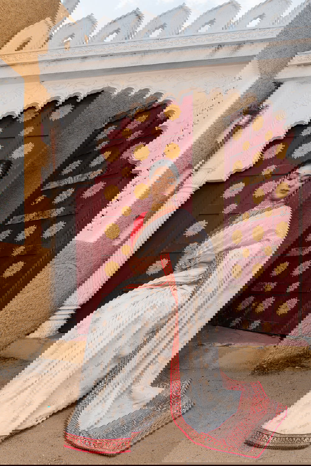 Cream Silk Saree with Golden Buti Work and Rich Red Zari Border - Mayrake.in