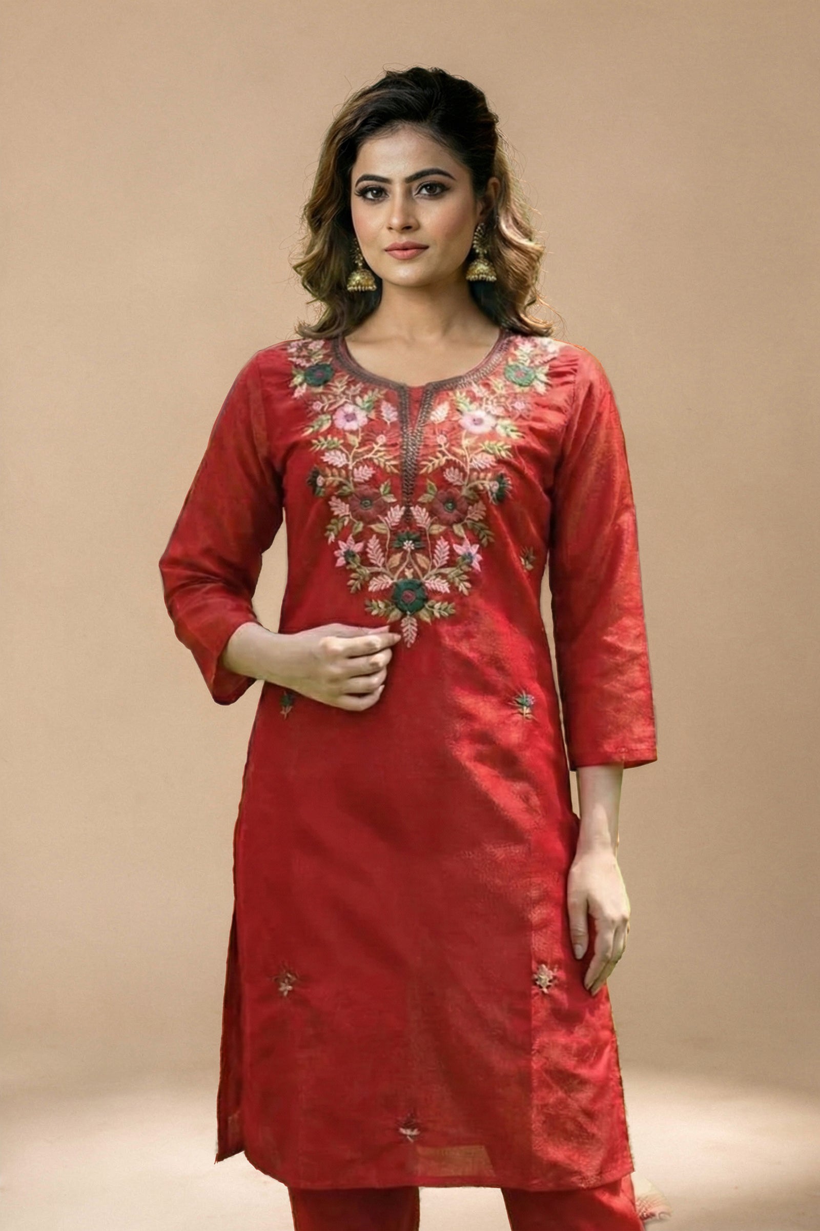 Crimson Silk Kurta Set with Multicolor Floral Embroidery & Thread Work Detailing