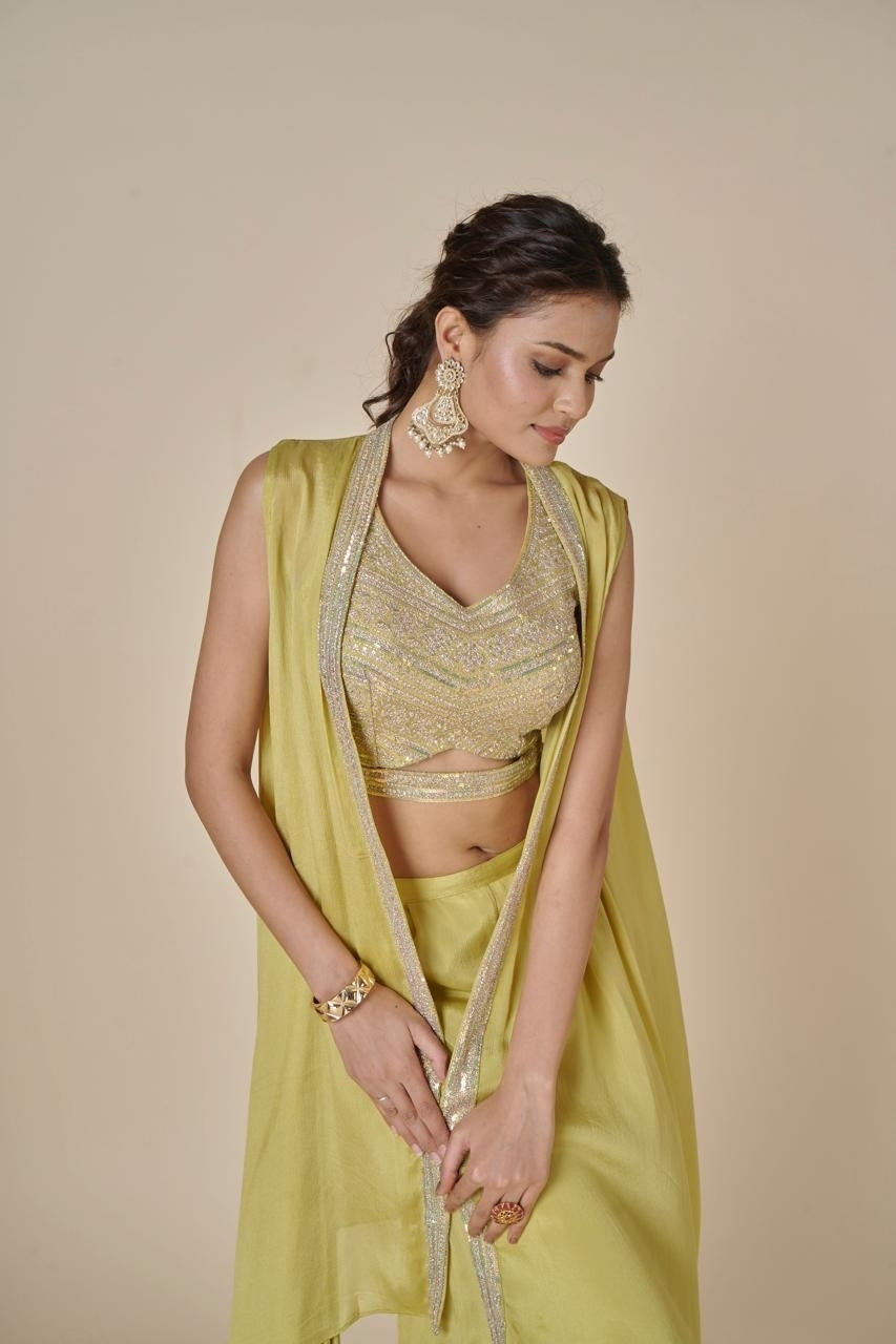 Pastel Green Embroidered Silk Tank Top with Palazzo and Full Shrug
