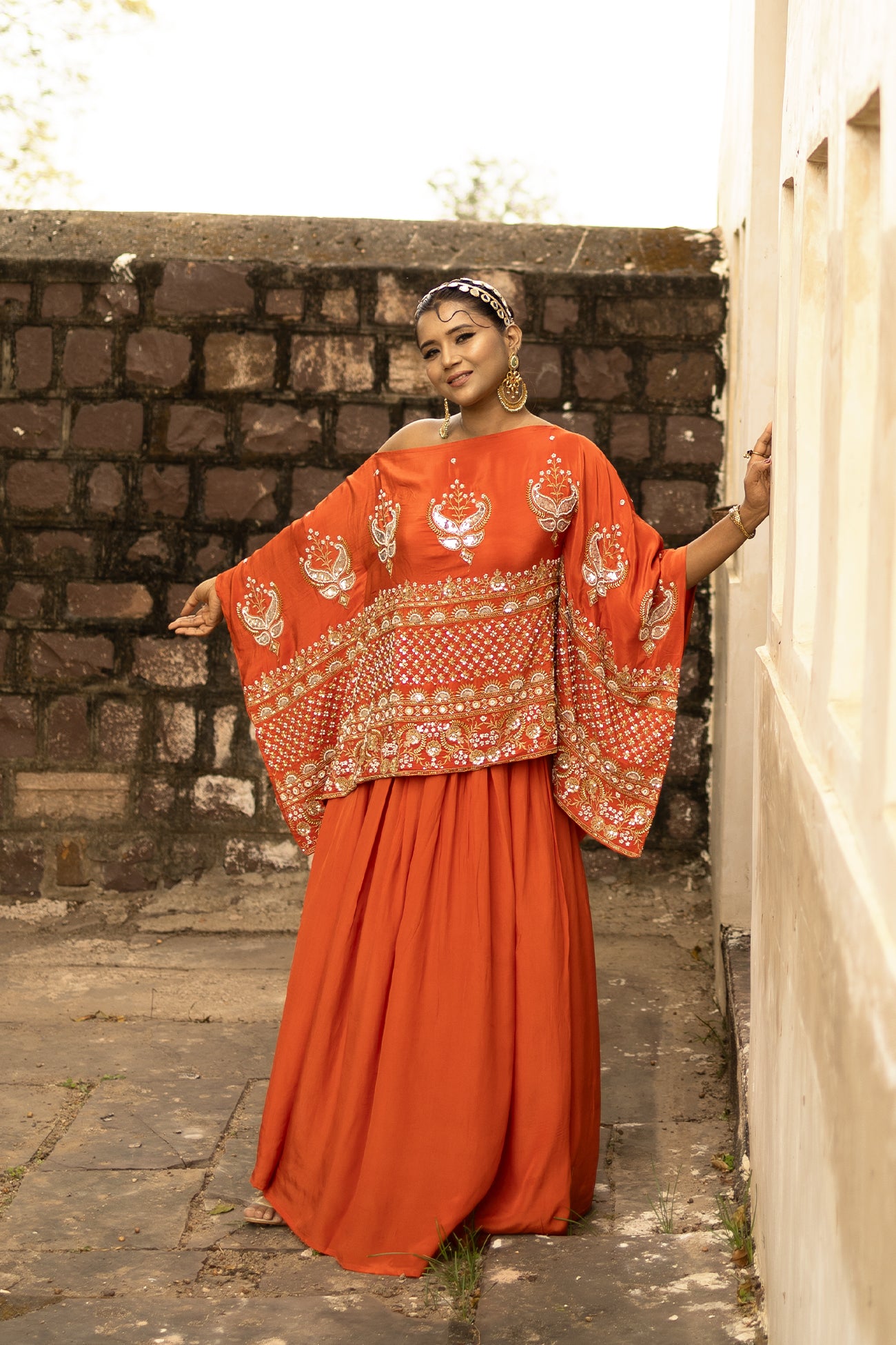 Orange Crepe Silk Designer Rectangular Top & Skirt Set