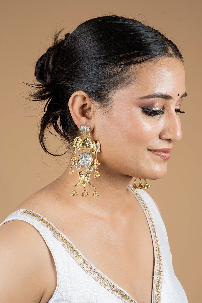 Dangler Earrings with Kundan Work and Pearls in Mixed Metal - Mayrake