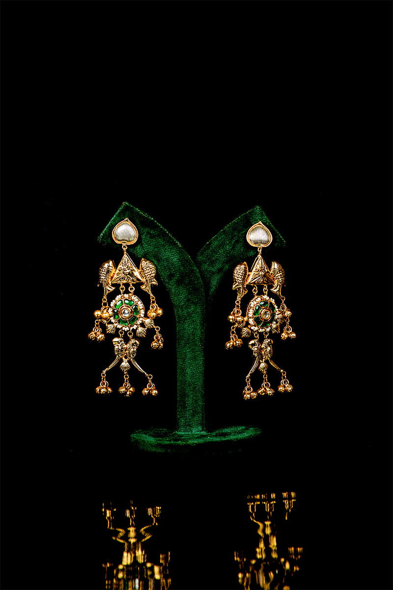 Dangler Earrings with Kundan Work and Pearls in Mixed Metal - Mayrake