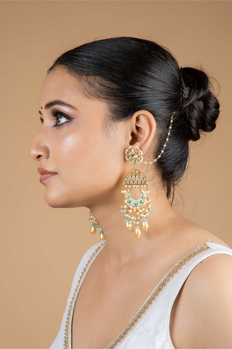 Dangler Earrings with Kundan Work and Pearls in Mixed Metal - Mayrake