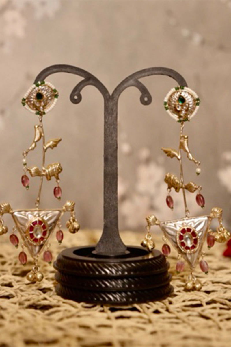 Dangler Earrings with Kundan Work and Pearls in Mixed Metal - Mayrake
