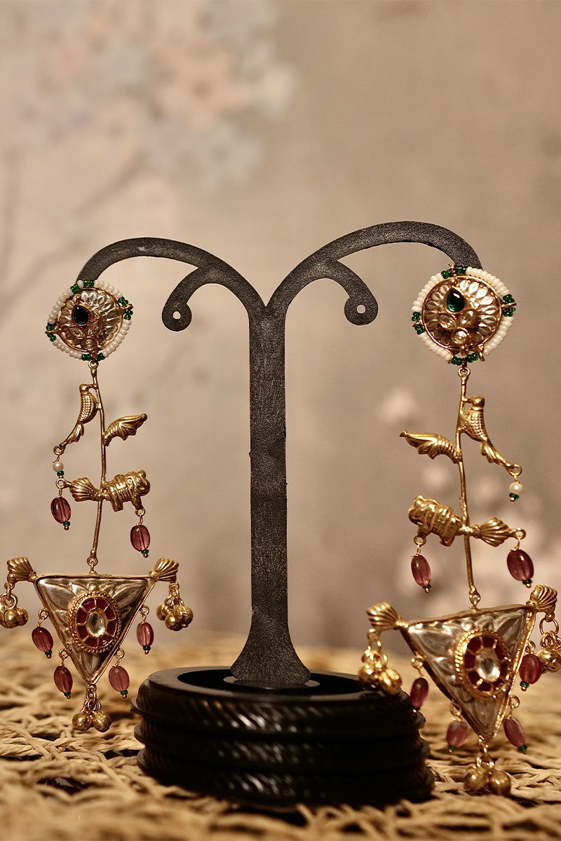 Dangler Earrings with Kundan Work and Pearls in Mixed Metal - Mayrake