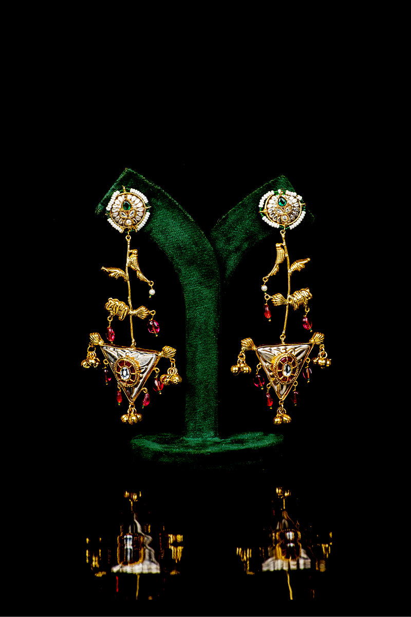 Dangler Earrings with Kundan Work and Pearls in Mixed Metal - Mayrake