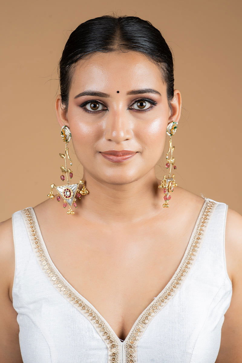 Dangler Earrings with Kundan Work and Pearls in Mixed Metal - Mayrake